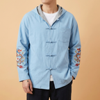 Ryujin Mandarin Tang Jacket in black with dragon embroidery, upper body front view