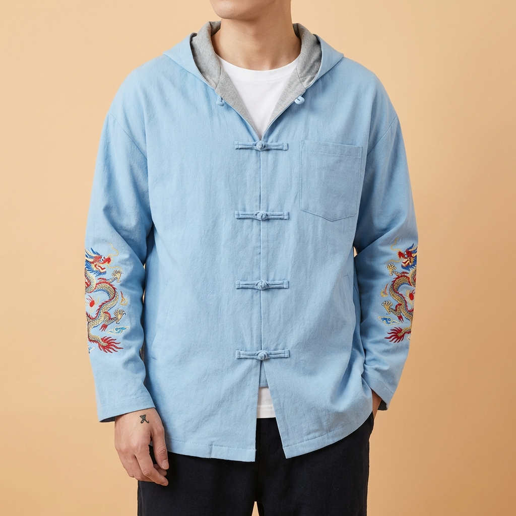 Ryujin Mandarin Tang Jacket in black with dragon embroidery, upper body front view