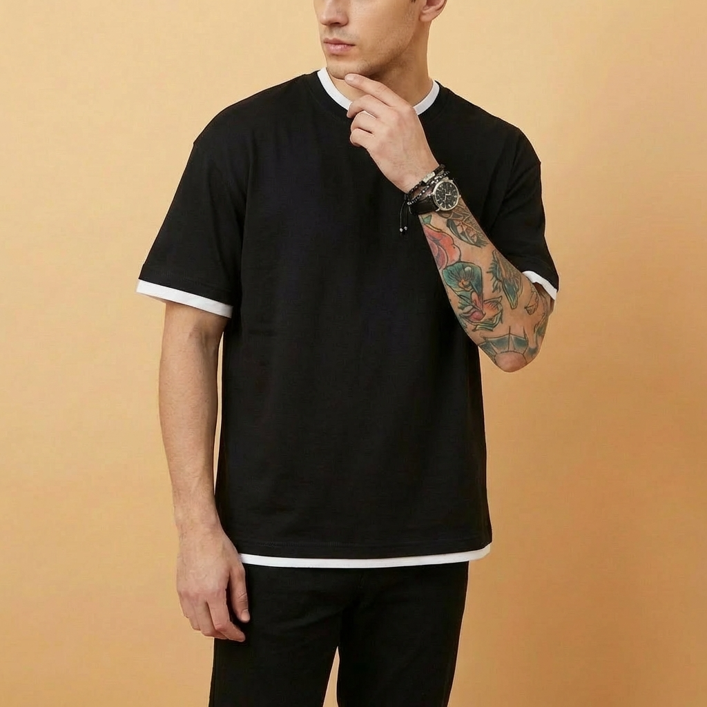 Qiren Layered Shirt in black, oversized silhouette, upper body front view