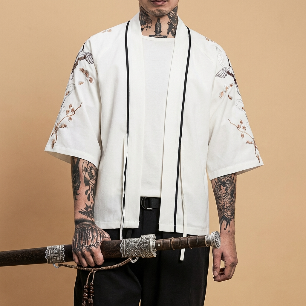 Tsuru Kimono in black with crane embroidery, upper body front view
