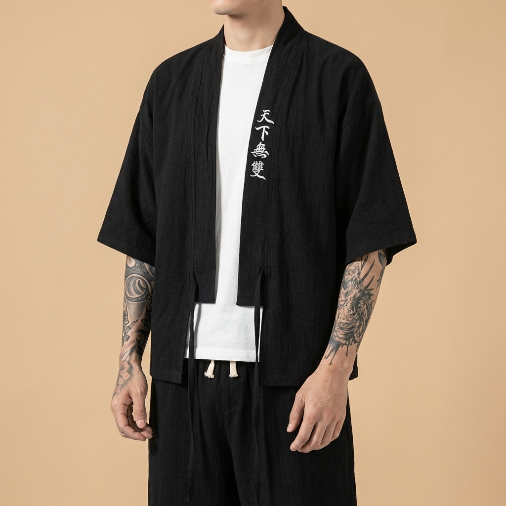 Muso Kimono in black with calligraphy embroidery, upper body front view