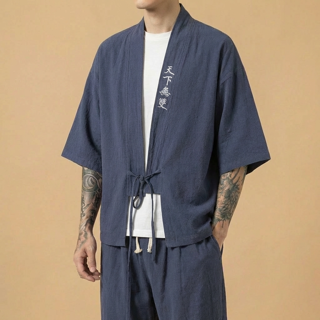 Muso Kimono in dusty blue, front view