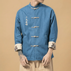 Jingyuan Mandarin Tang Jacket in black with symbolic embroidery, upper body front view