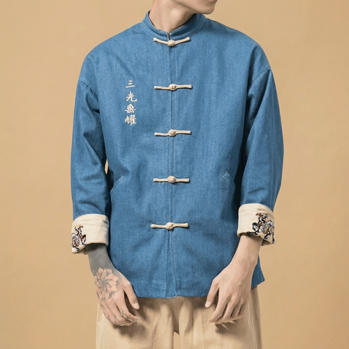 Jingyuan Mandarin Tang Jacket in black with symbolic embroidery, upper body front view
