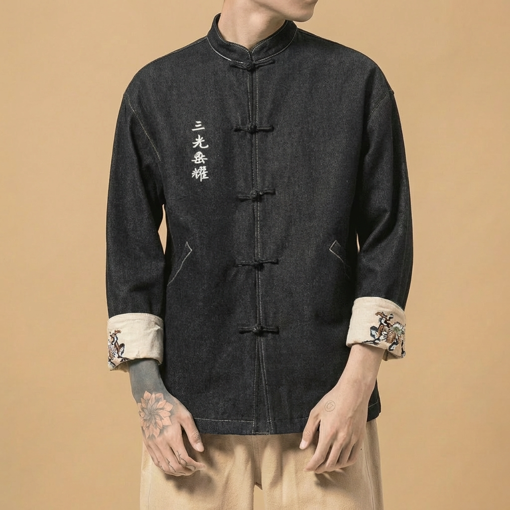 Jingyuan Mandarin Tang Jacket in light blue, upper body front view