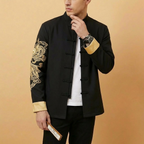 Zhenlong Mandarin Tang Jacket in imperial black with dragon embroidery, upper body front view