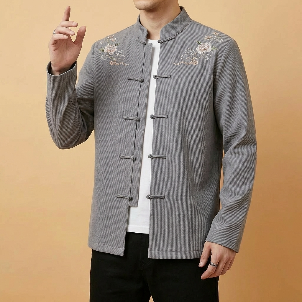 Yunhai Mandarin Tang Jacket in grey, upper body view