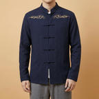 Yunhai Mandarin Tang Jacket in navy blue with cloud embroidery, upper body front view