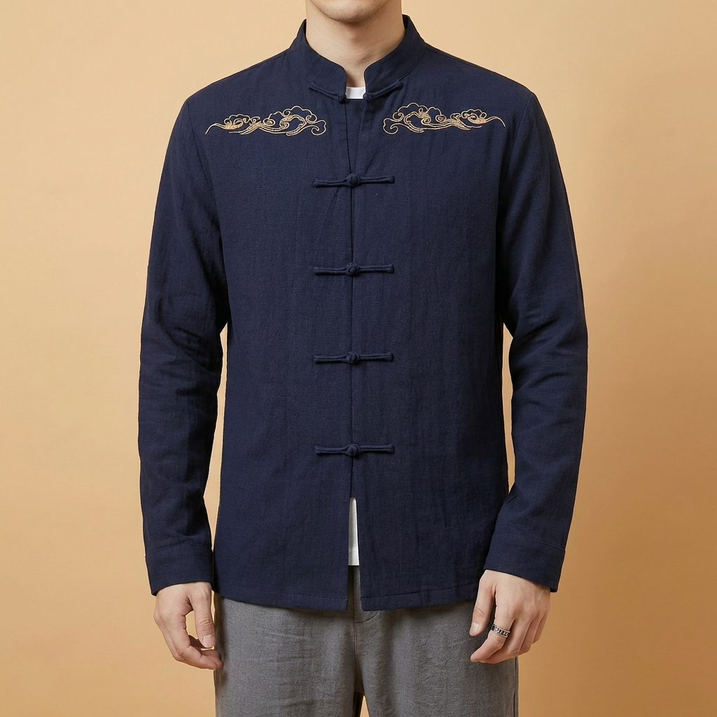 Yunhai Mandarin Tang Jacket in navy blue with cloud embroidery, upper body front view