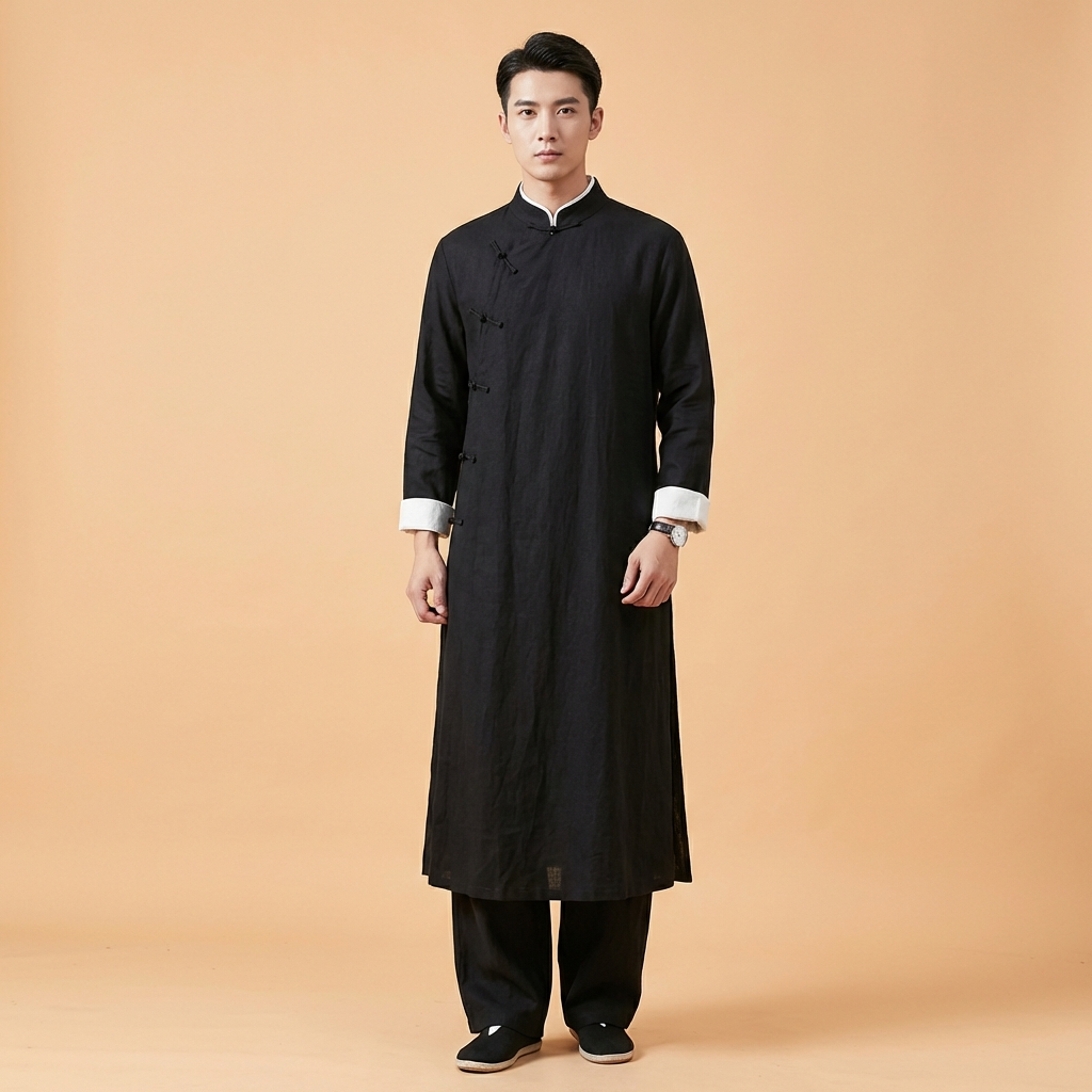 Tianlong Dynasty Robe in navy blue, full length longline silhouette, front view