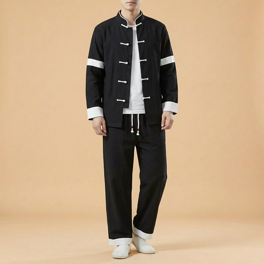 Linyu Mandarin Tang Jacket in black, lightweight linen, full body front view