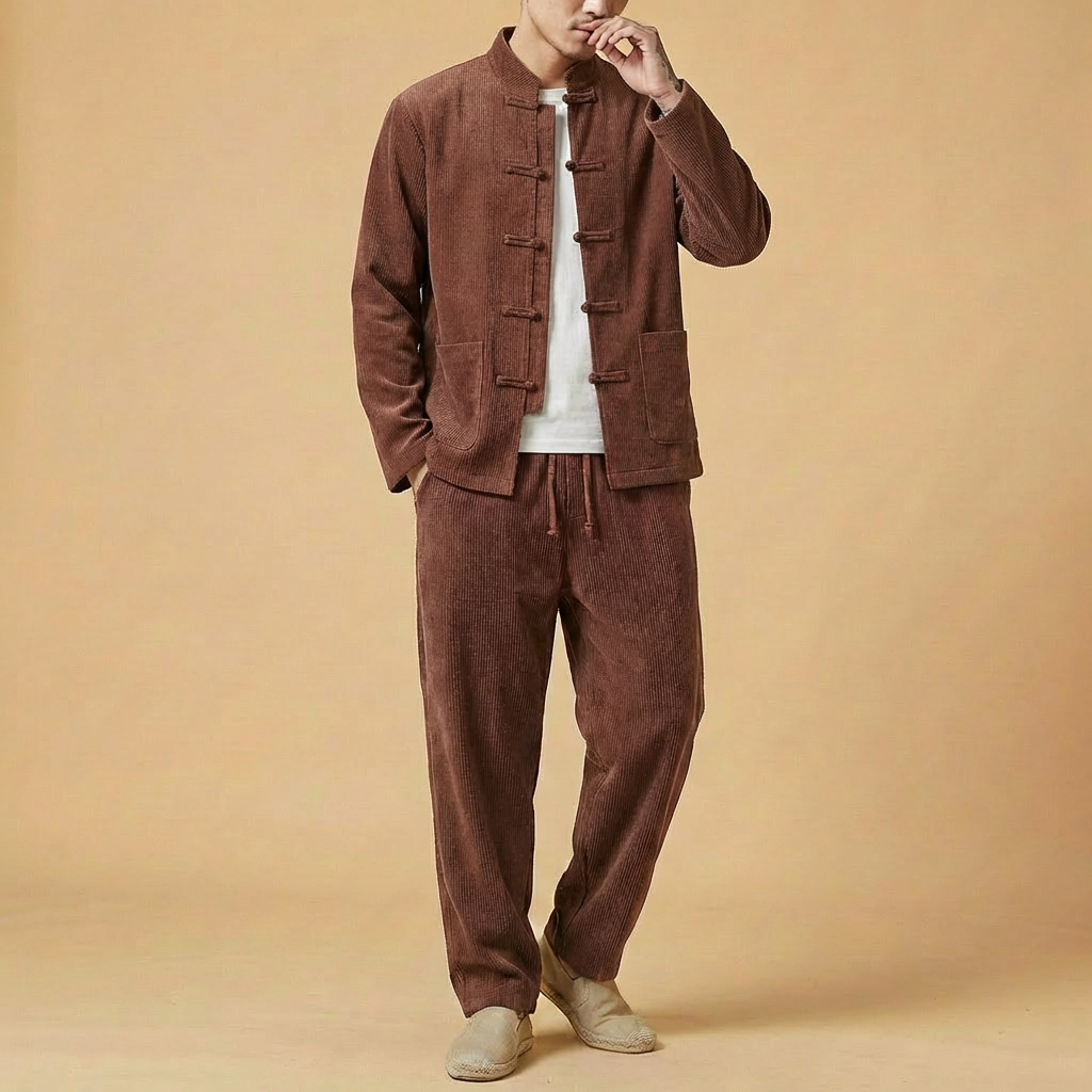 Qingshan Corduroy Tang Set in coffee brown, jacket and pants, upper body front view