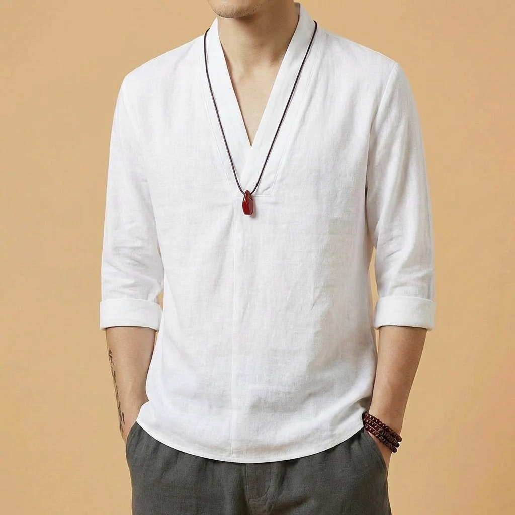 Liang Linen V-Neck Shirt in cream, front view