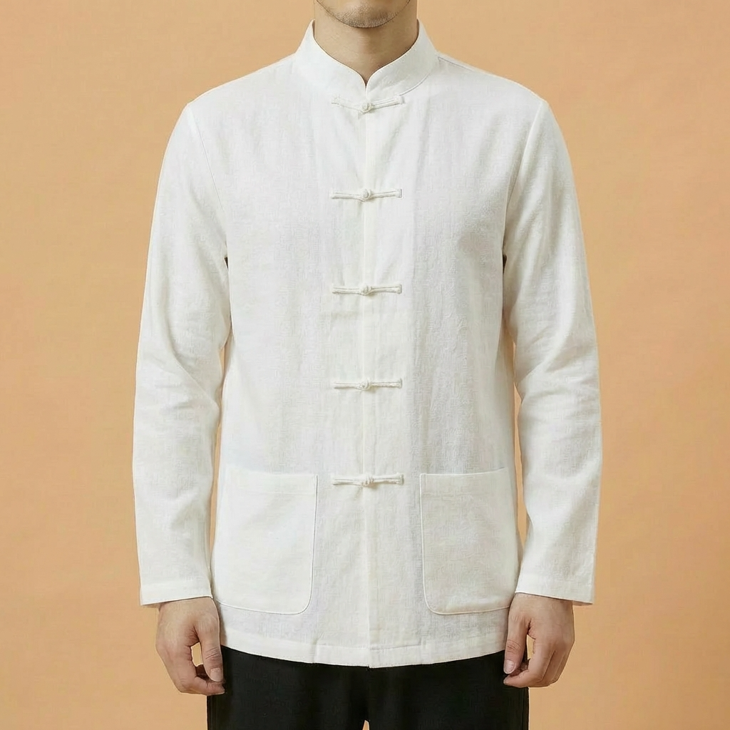 Heian Mandarin Linen Shirt in cream, front view