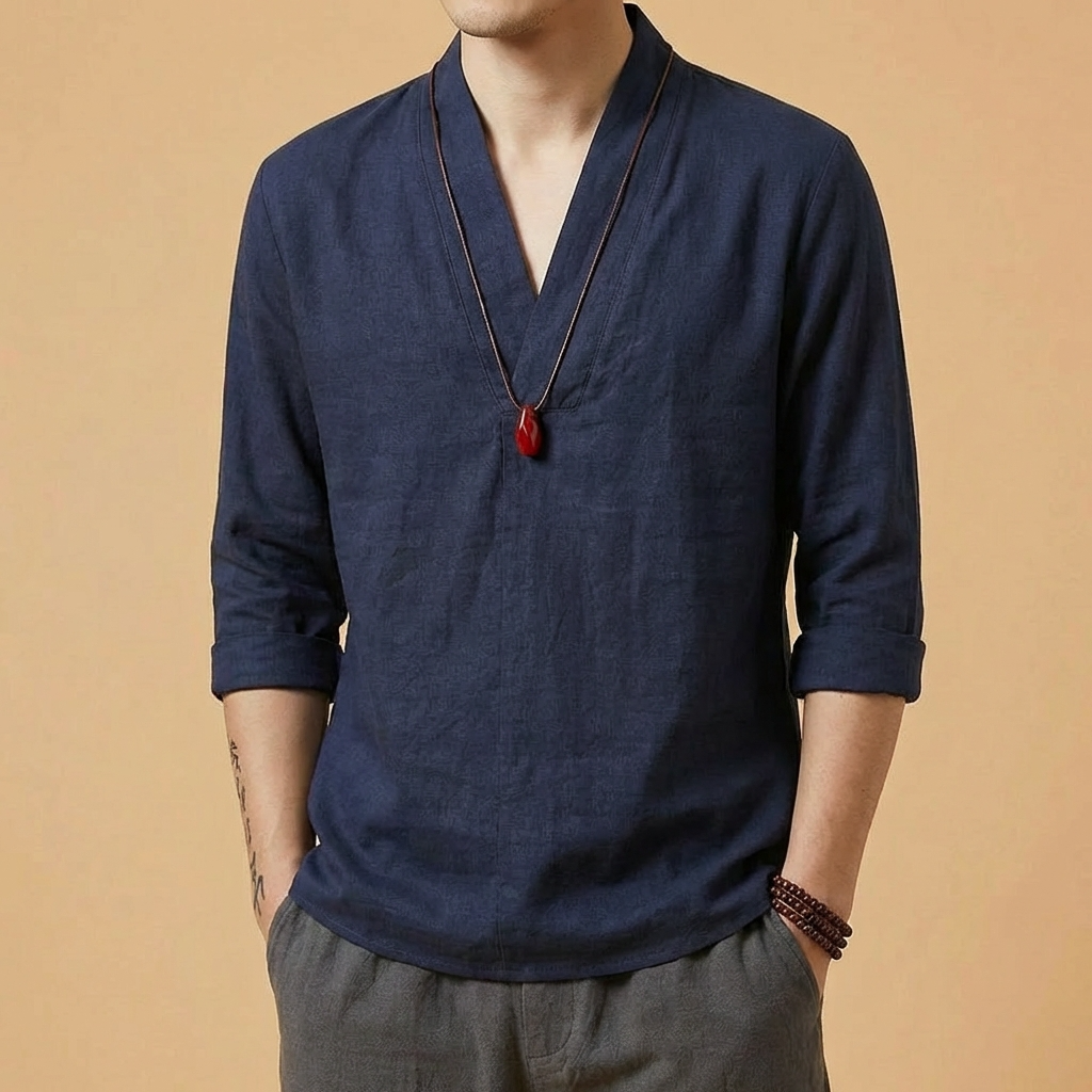 Liang Linen V-Neck Shirt in dark navy, front view