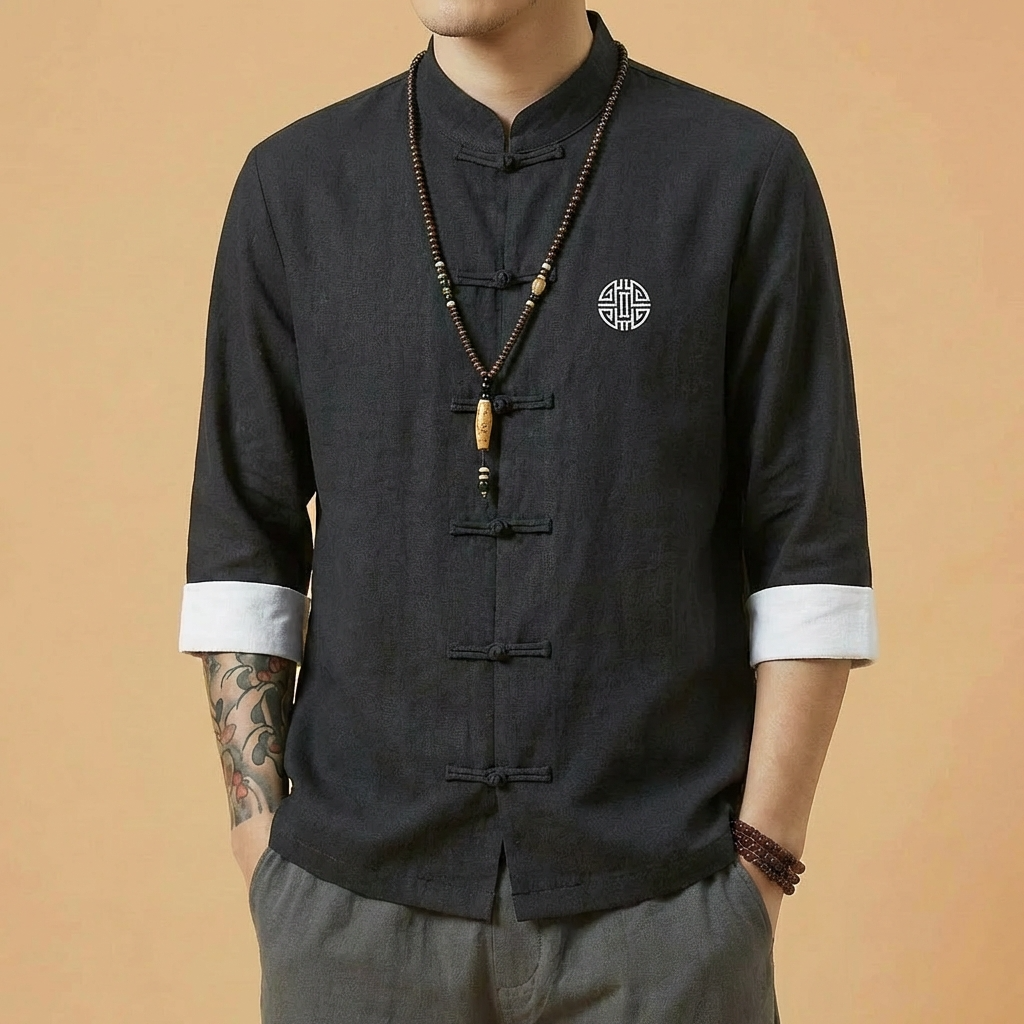Qingsu Mandarin Linen Shirt in dark tone, front view