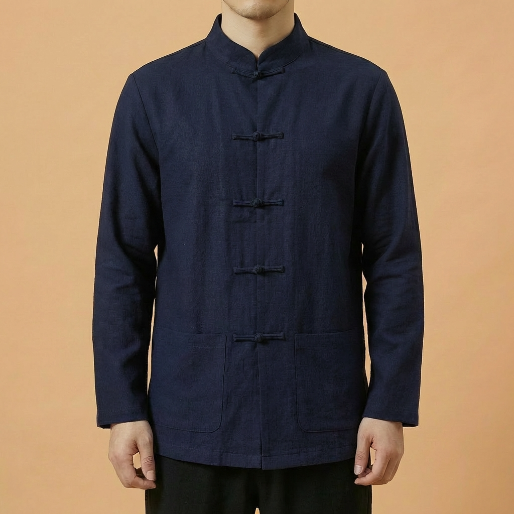Heian Mandarin Linen Shirt in dark color, front view