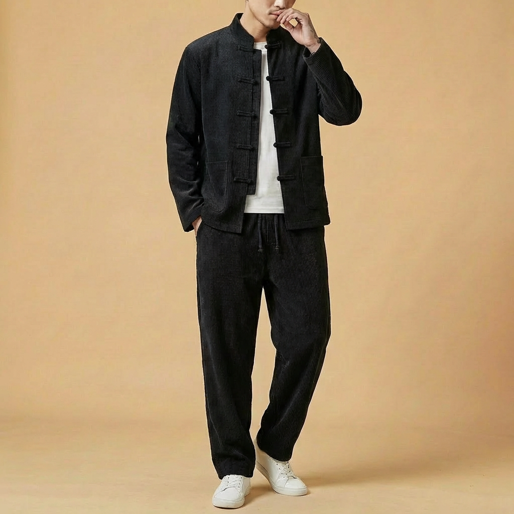 Qingshan Corduroy Tang Set in deep tone, front view