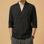 Liang Linen V-Neck Shirt in dark tone, front view