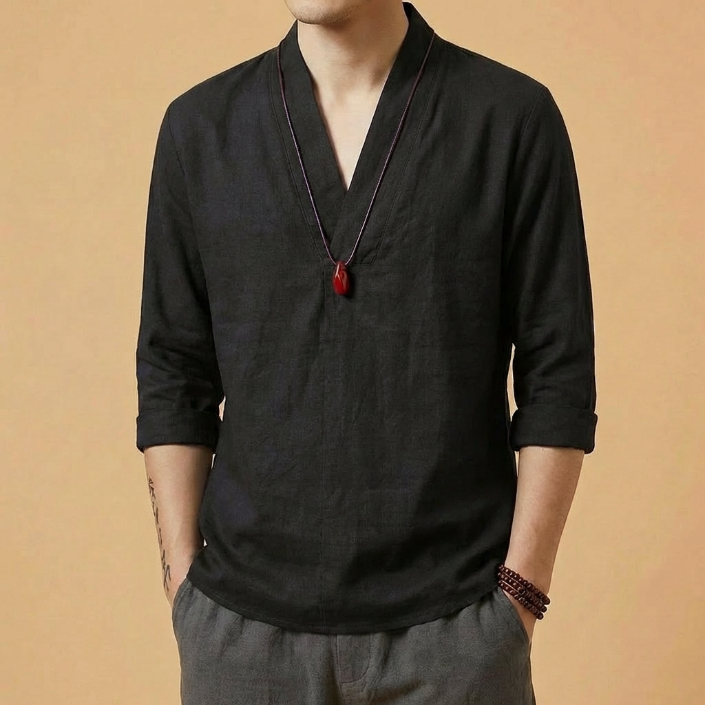 Liang Linen V-Neck Shirt in dark tone, front view