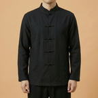 Heian Mandarin Linen Shirt in deep blue, front view