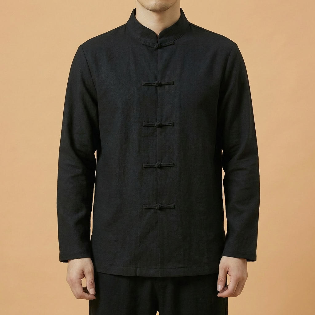 Heian Mandarin Linen Shirt in deep blue, front view