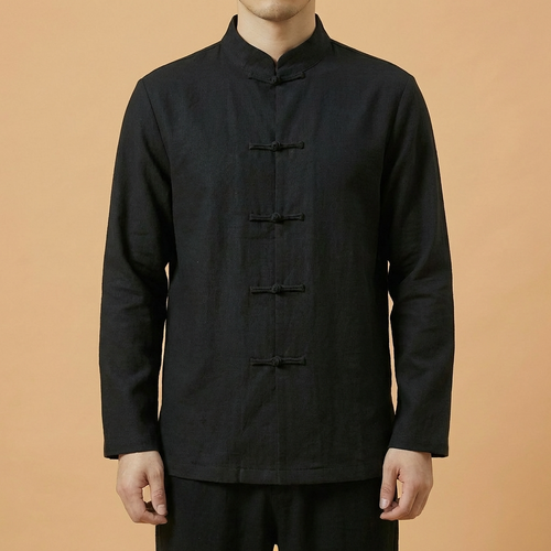 Heian Mandarin Linen Shirt in deep blue, front view
