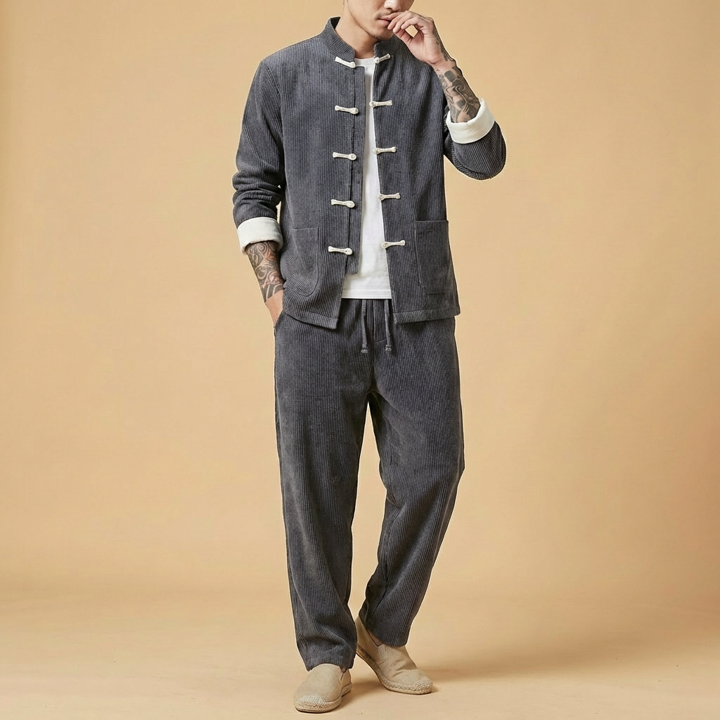 Qingshan Corduroy Tang Set in medium tone, full body view