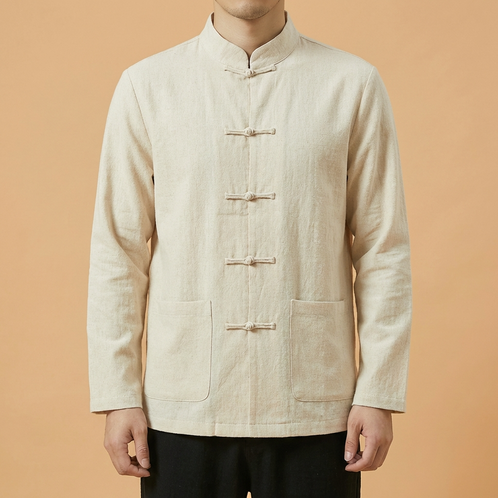 Heian Mandarin Linen Shirt in navy blue with buckle closure, upper body front view