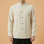 Heian Mandarin Linen Shirt in navy blue with buckle closure, upper body front view