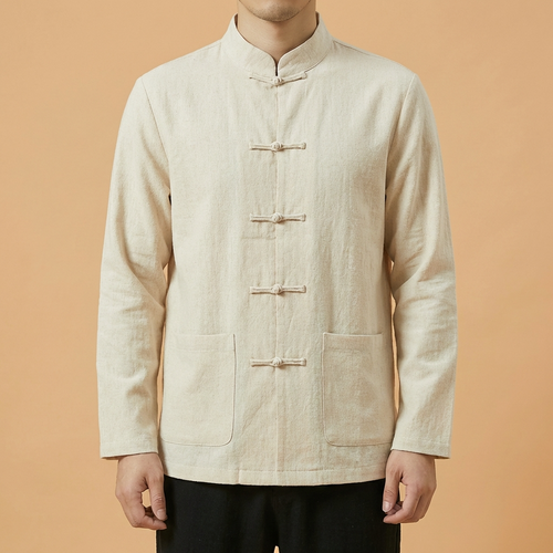 Heian Mandarin Linen Shirt in navy blue with buckle closure, upper body front view