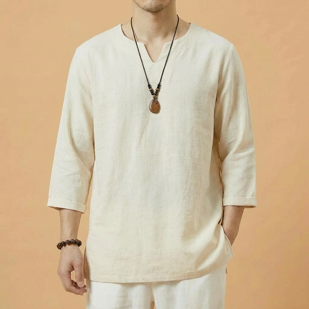 Aoki Linen Long Sleeve Shirt in navy blue, front view