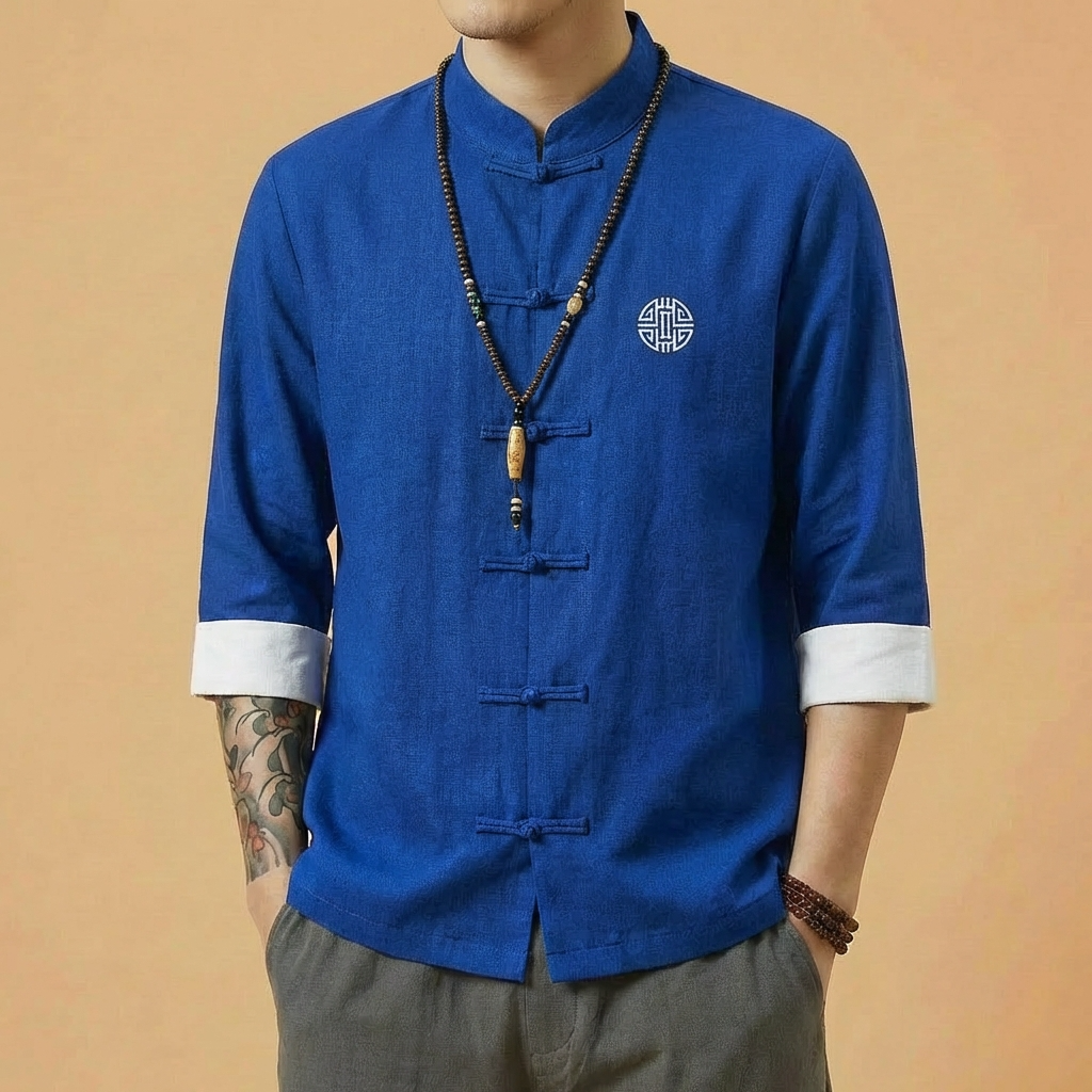 Qingsu Mandarin Linen Shirt in rose tone, front view