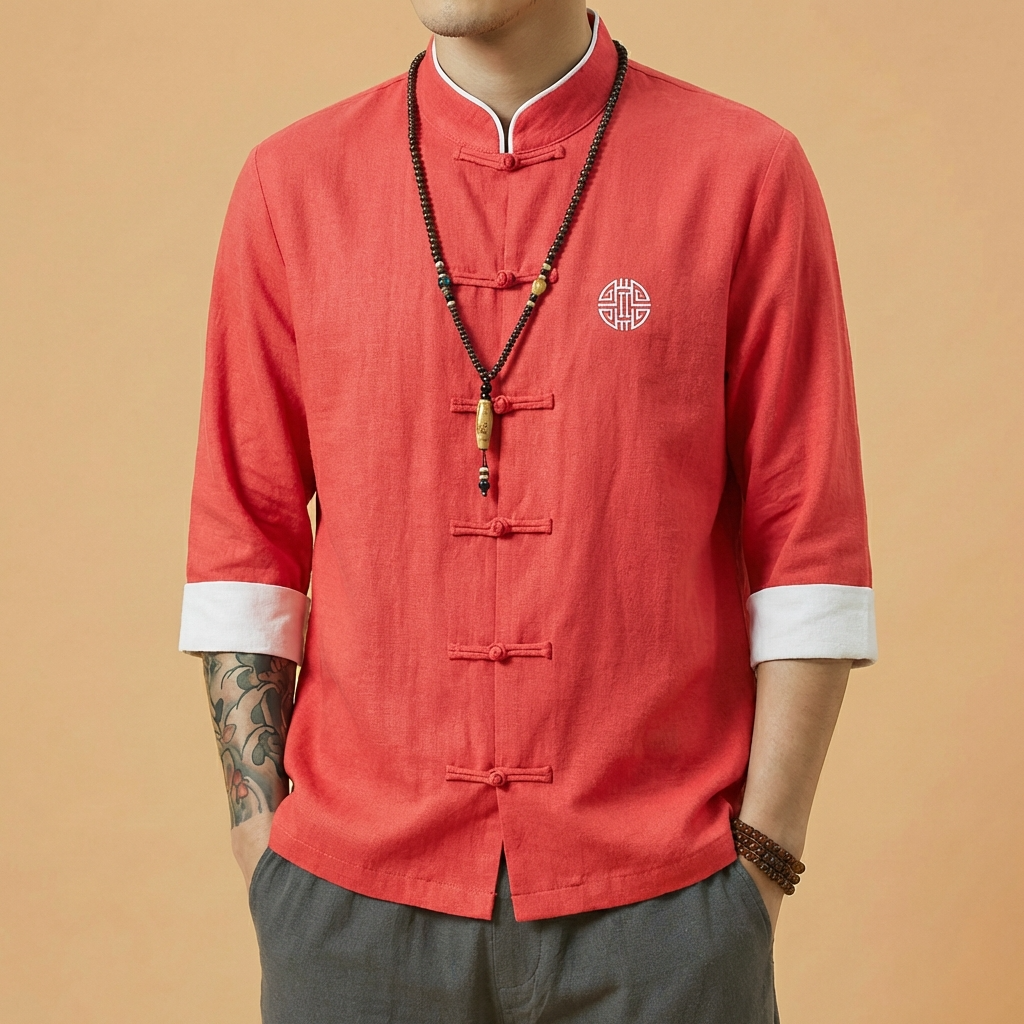 Qingsu Mandarin Linen Shirt in violet tone, front view