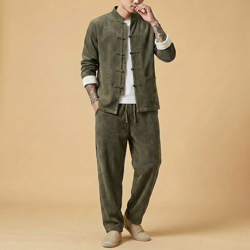 Qingshan Corduroy Tang Set in coffee, full body side view