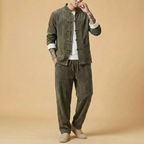 Qingshan Corduroy Tang Set in coffee, full body side view