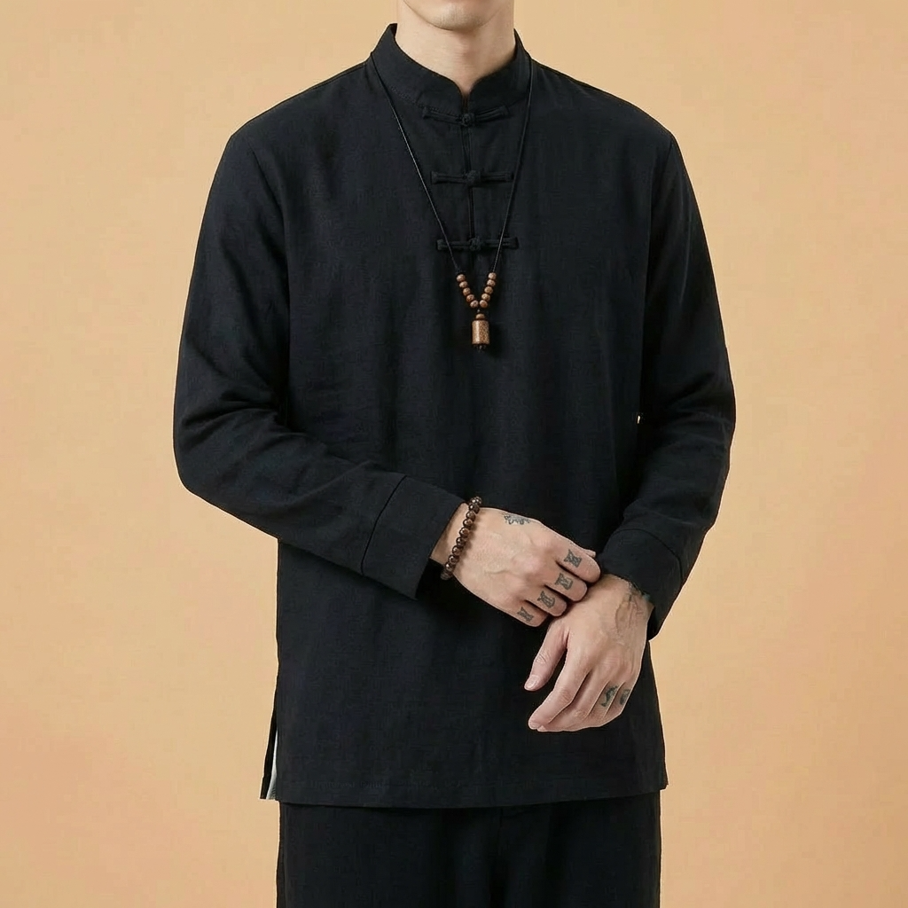 Ren Mandarin Linen Shirt in black with frog closure neckline, upper body front view