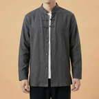 Ren Mandarin Linen Shirt in navy blue, front view