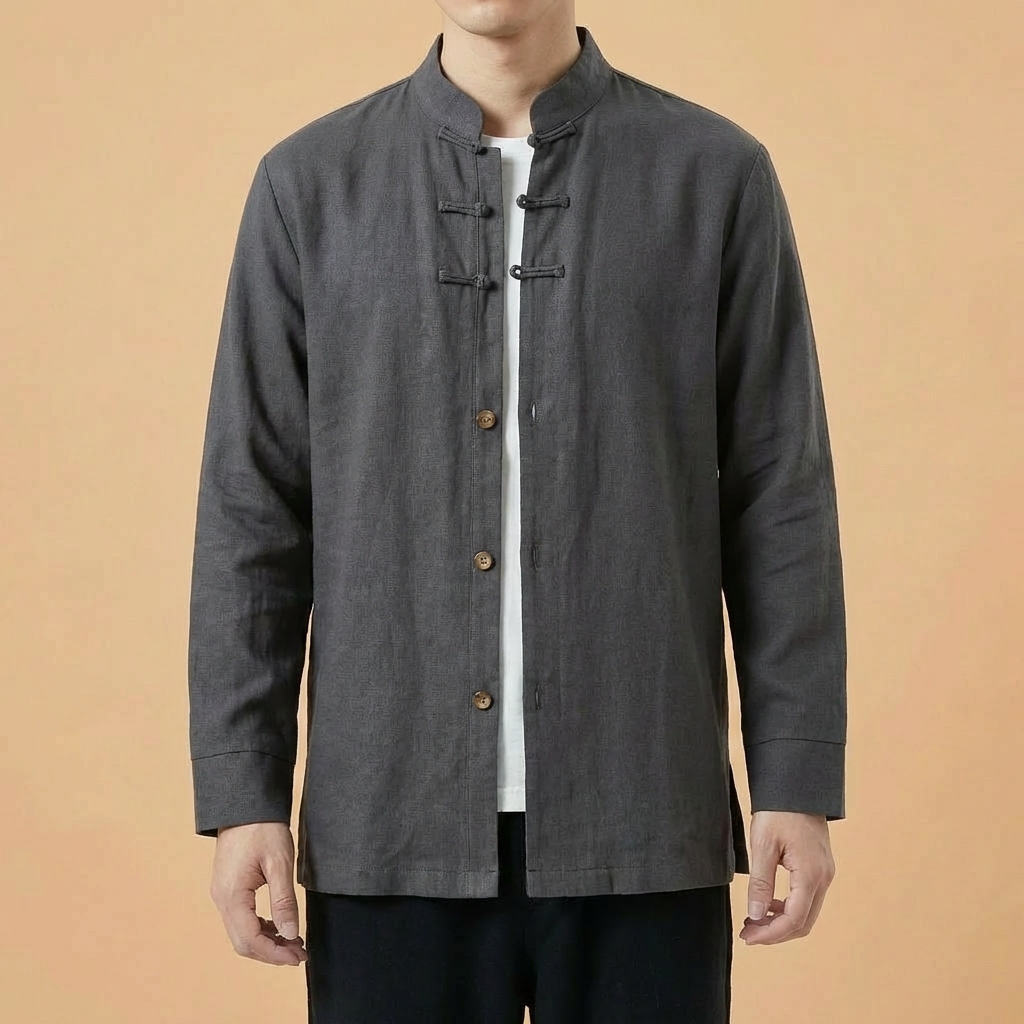 Ren Mandarin Linen Shirt in navy blue, front view