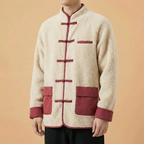 Zhenwu Mandarin Winter Tang Coat in red, upper body front view