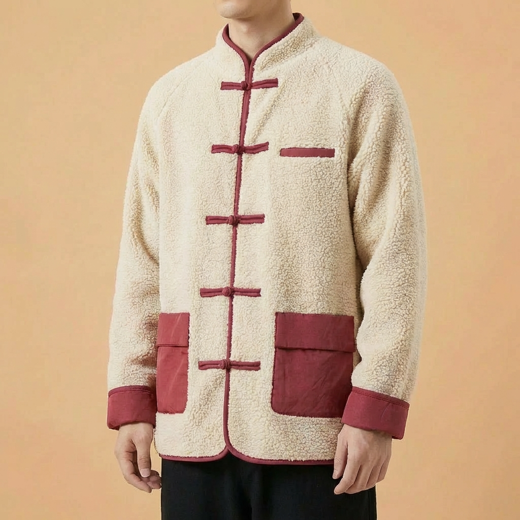 Zhenwu Mandarin Winter Tang Coat in red, upper body front view