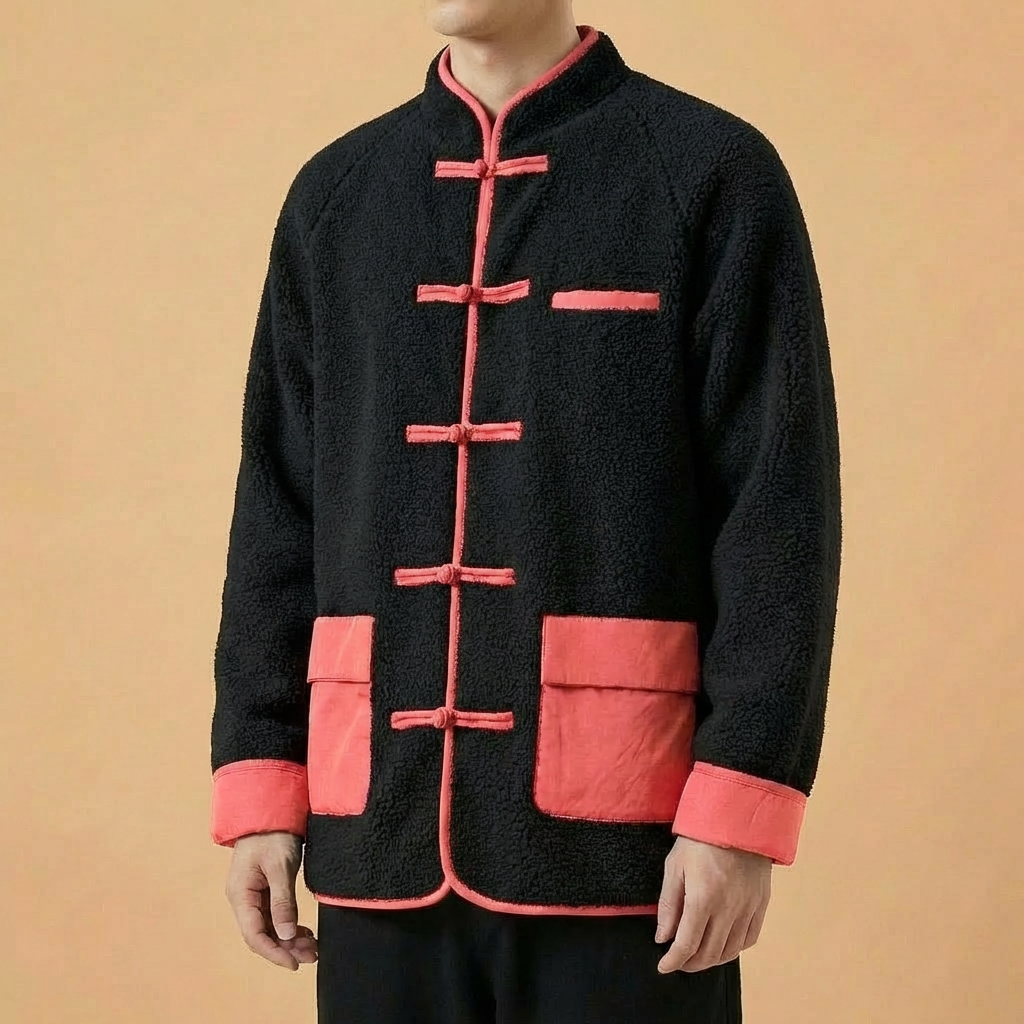 Zhenwu Mandarin Winter Tang Coat in beige with mandarin collar and frog buttons, upper body front view