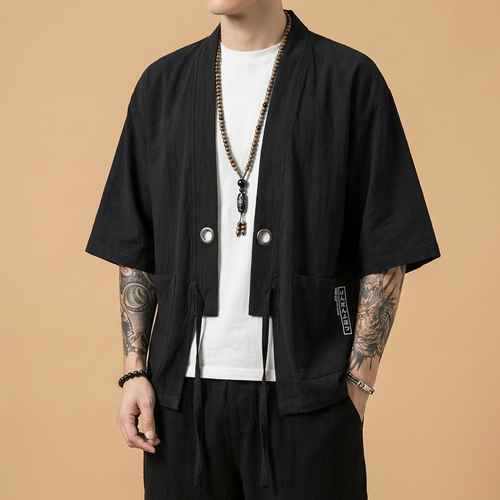 Kairo Kimono in black, open front, model wearing full view