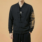 Jinlong Mandarin Bomber Jacket in black, back view showing dragon embroidery detail
