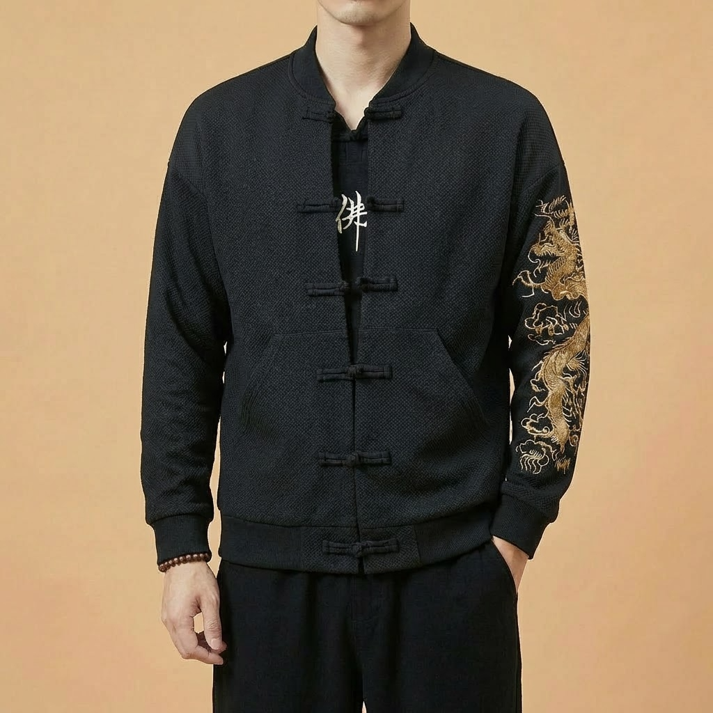 Jinlong Mandarin Bomber Jacket in black, back view showing dragon embroidery detail
