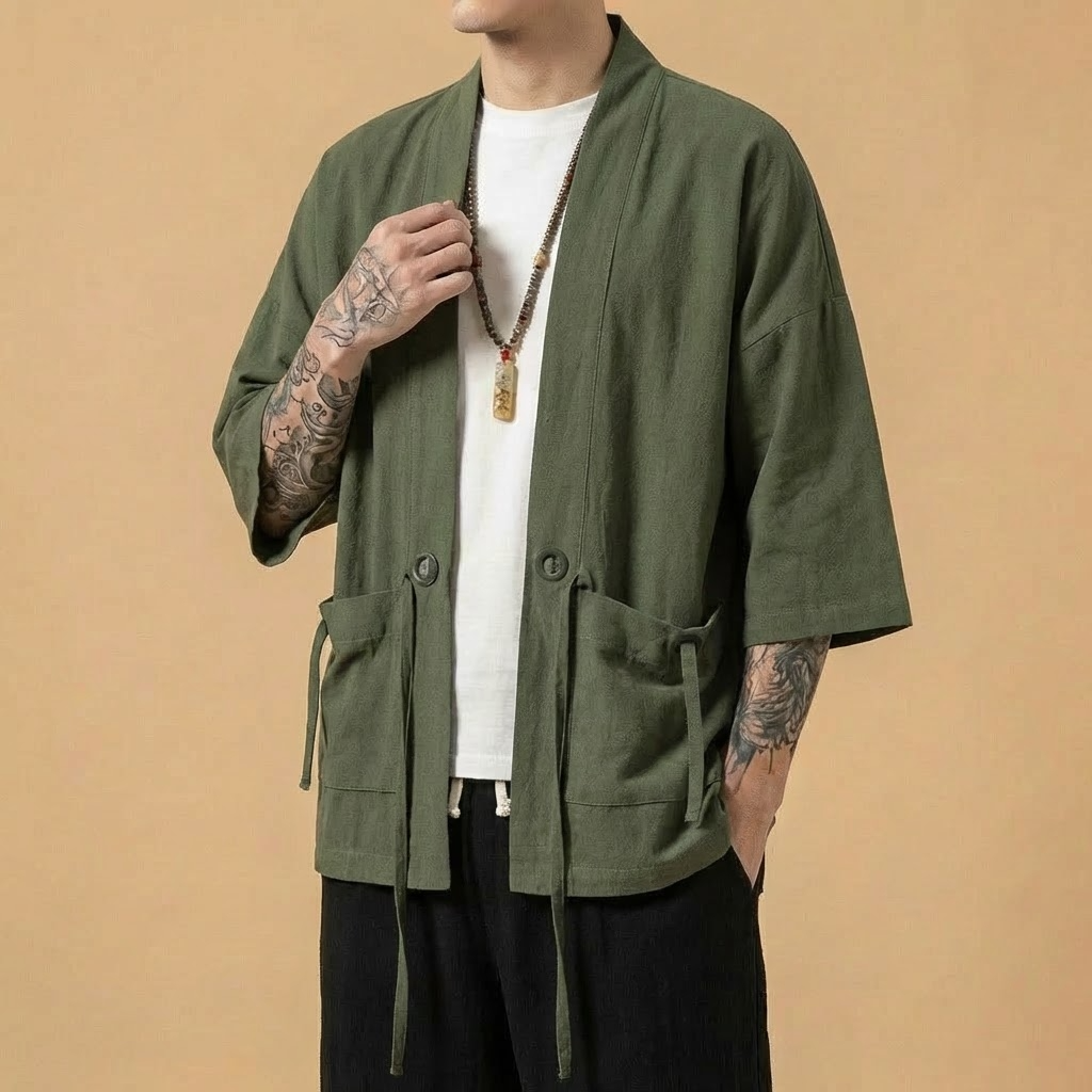 Shizen Kimono in black, open front relaxed silhouette, front view
