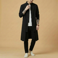 Ziran Mandarin Coat in obsidian black, longline silhouette, front view