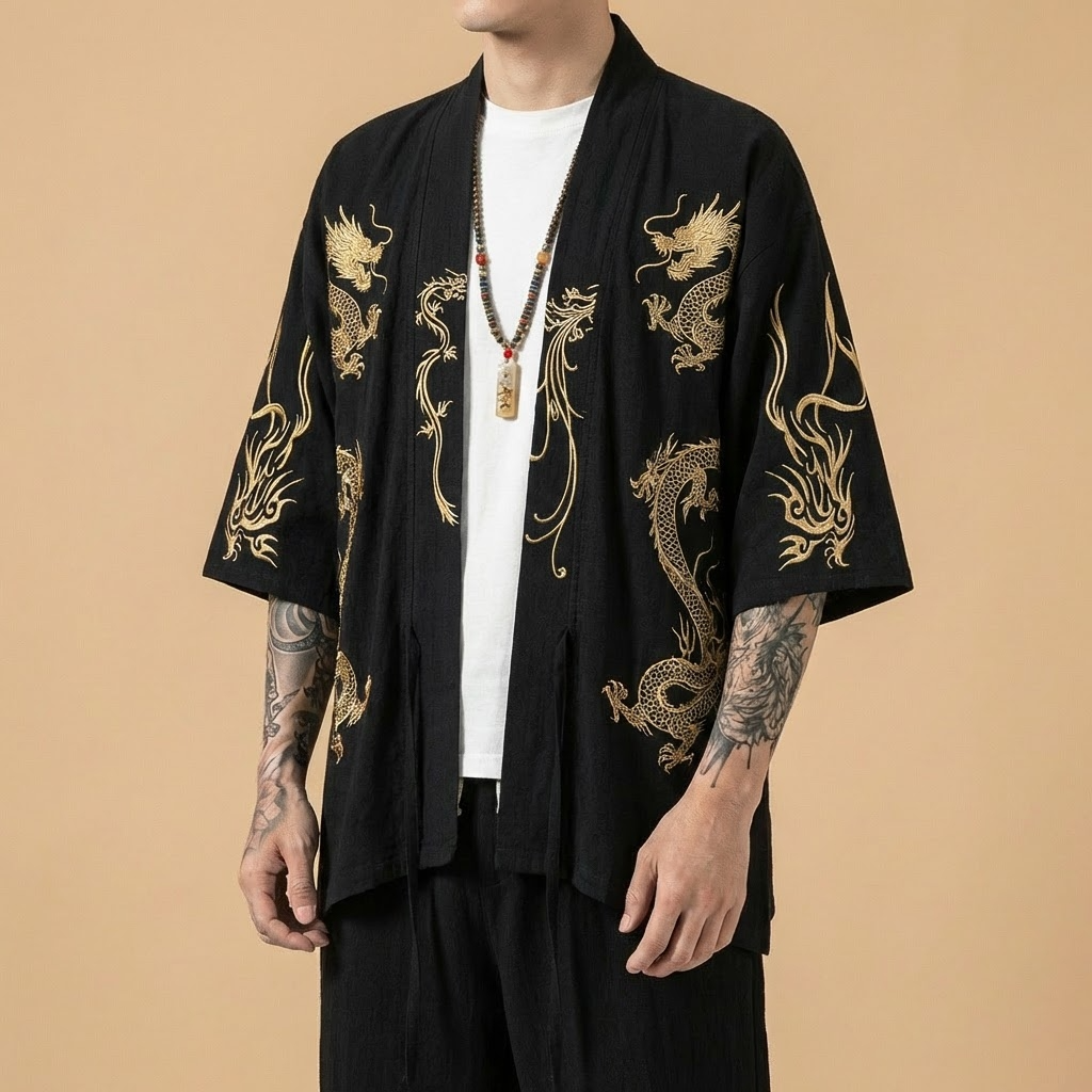 Tenryu Kimono in black with dragon embroidery, model front view