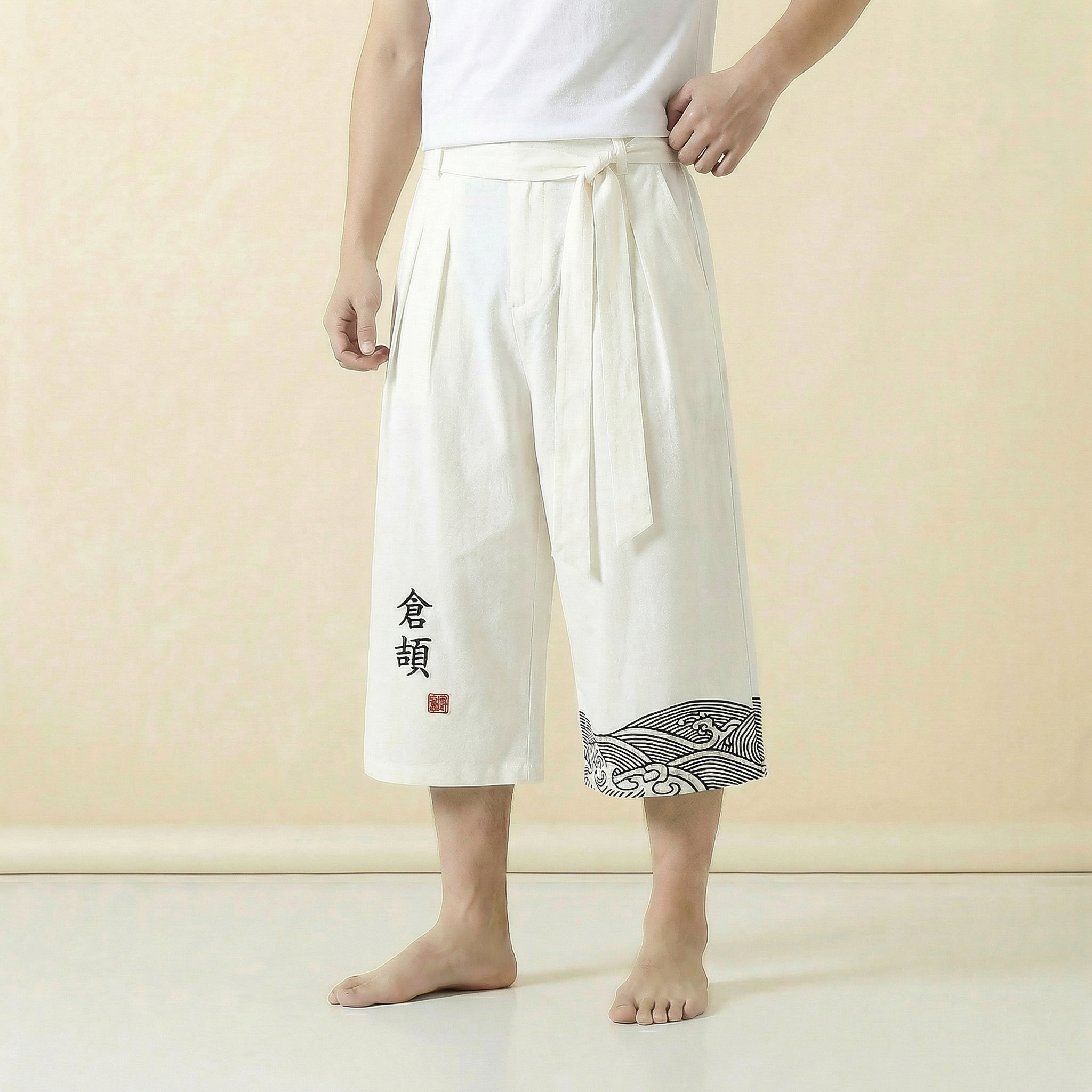 Kazan Kimono Pants in white, full length view