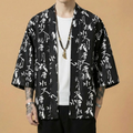 Shodo Kimono in black with calligraphy print, front view